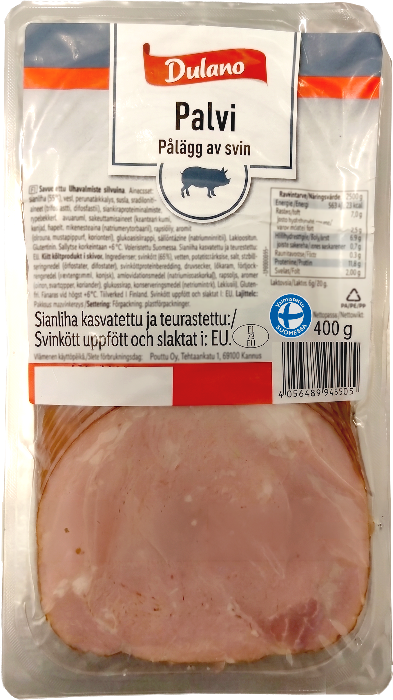 Pakkaus viipaloitua palvikinkkua, jossa on tietoja alkuperästä ja ravintoarvoista.