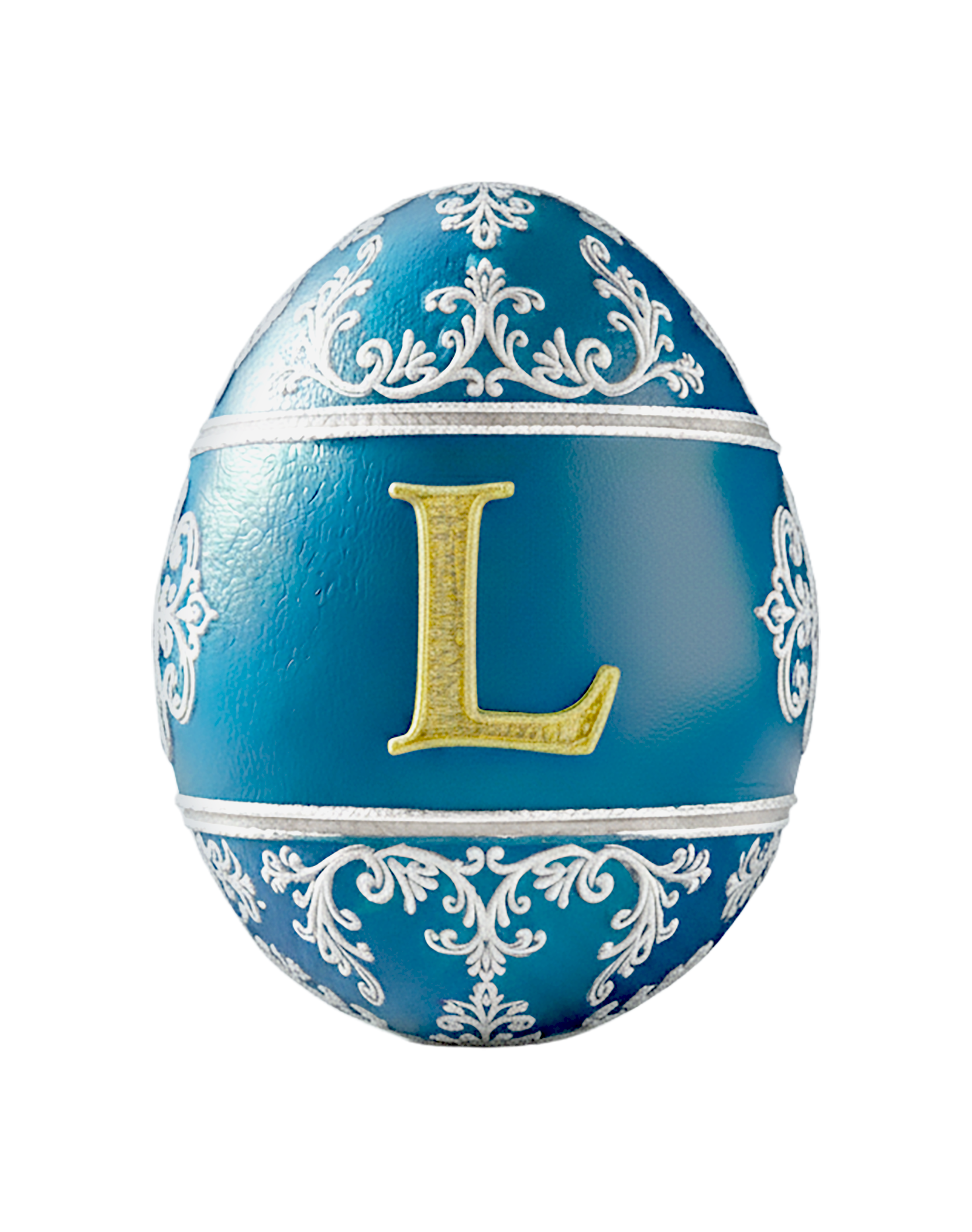 Sininen pääsiäismuna, jossa on valkoisia koristeita ja kultainen L-kirjain.
