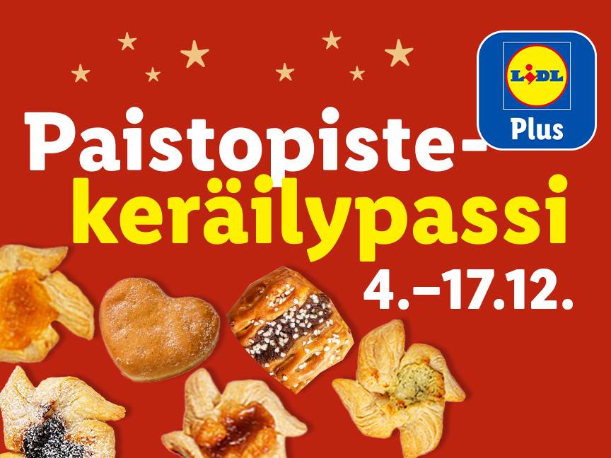 Lidl Plus -leivonnaisten keräilypassi 4.–17.12.2023, jossa on erilaisia leivonnaisia.