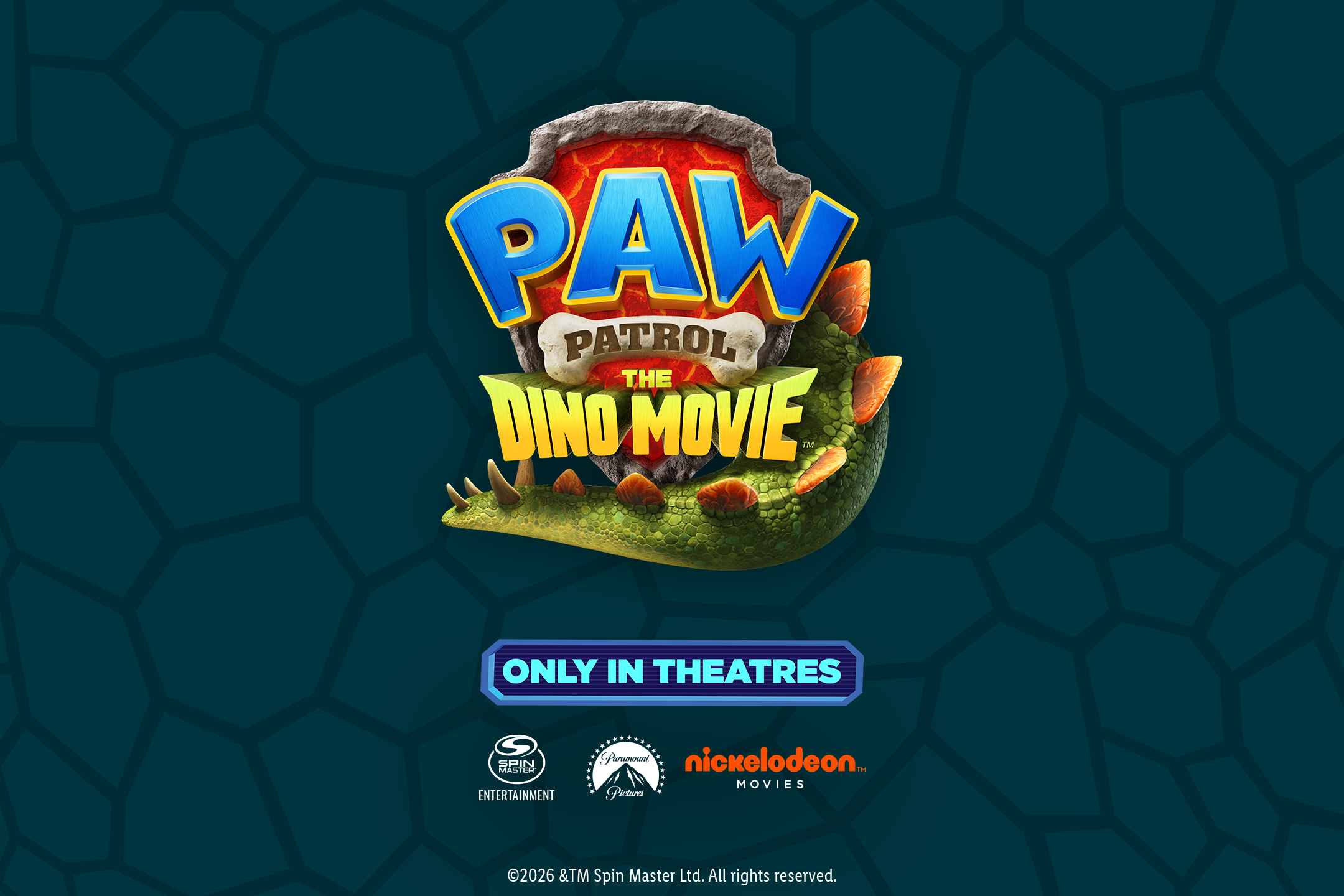 PAW Patrol The Dino Movie -juliste dinosaurusaiheella ja tekstillä 'VAIN ELOKUVATEATTEREISSA'.