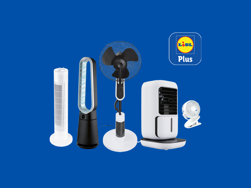 LIDL Plus -tuotteita: lattiatuuletin, pöytätuuletin, ilmanjäähdytin ja pieni puhalin.