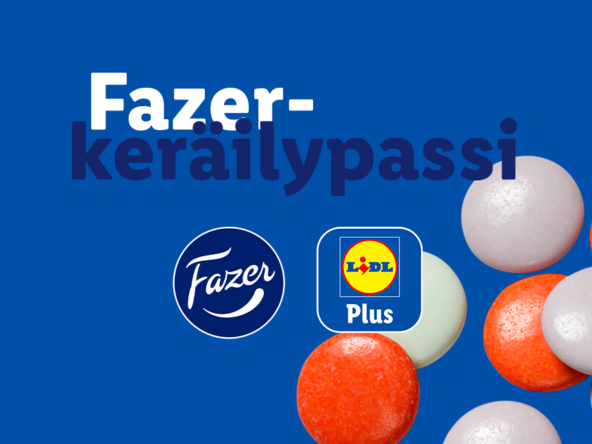 Fazer-keräilypassi ja Lidl Plus -logo, taustalla karkkeja.
