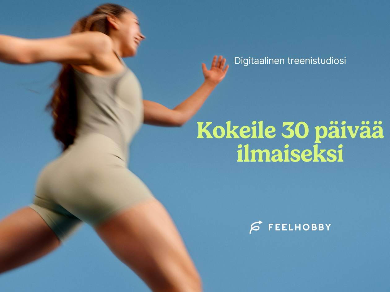 Nainen juoksee, mainosteksti 'Digitaalinen treenistudio' ja 'Kokeile 30 päivää ilmaiseksi'.