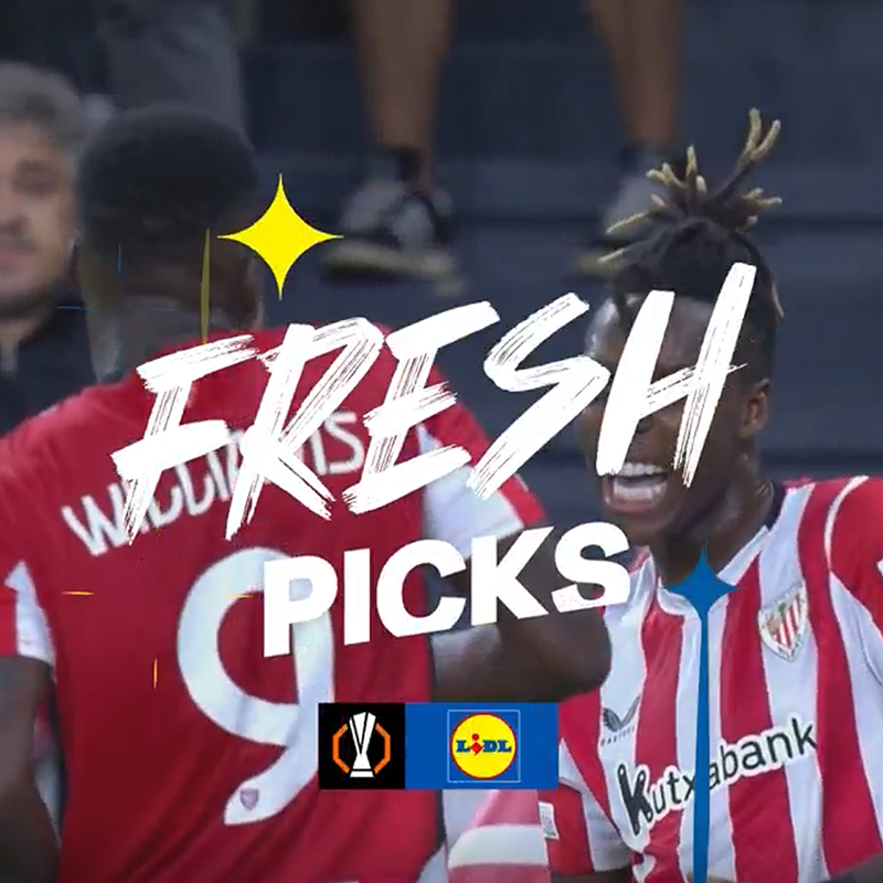 Jalkapalloilijat punaisissa ja valkoisissa paidoissa, joissa on teksti 'FRESH PICKS' ja Lidlin logo.