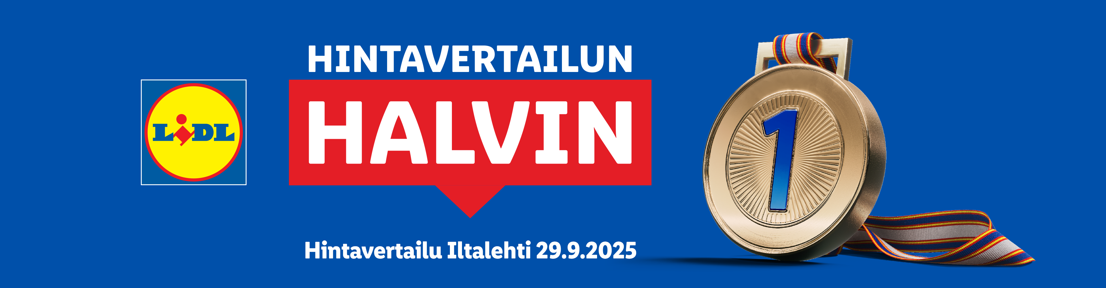 Lidlin mainos, jossa lukee 'Hintavertailun halvin' ja kultainen ykkösmitali.