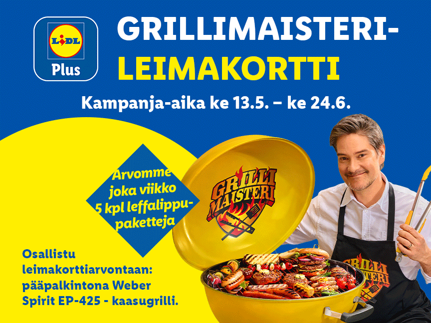 Lidl Plus Grillimaisteri-leimakortin kampanjakuva. Kampanja-aika 13.5.–24.6. Arvonnassa viikoittain leffalippupaketteja ja pääpalkintona Weber-kaasugrilli.