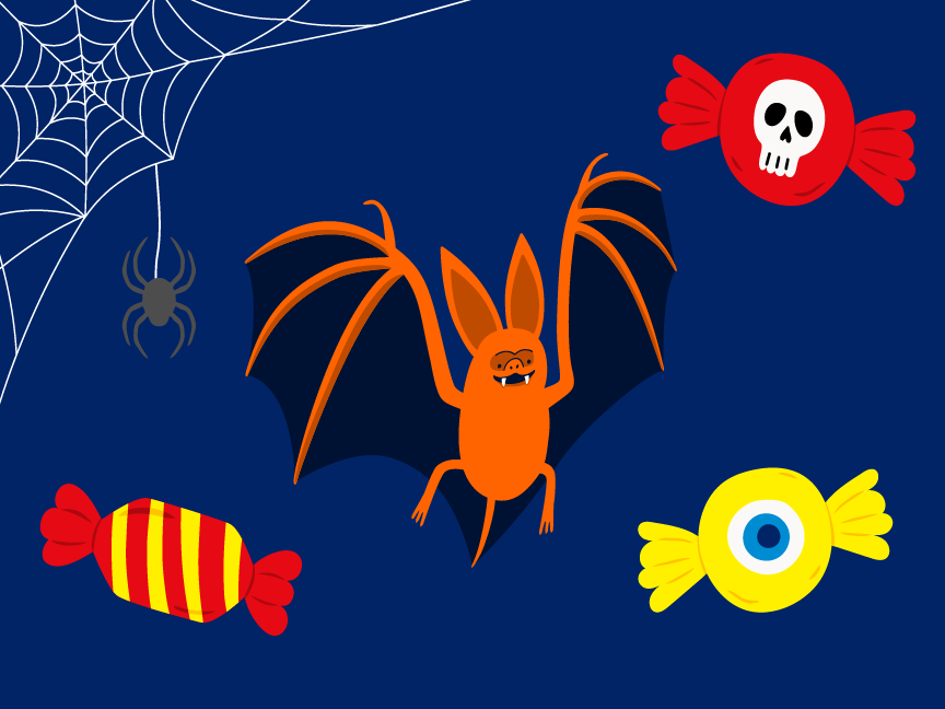 Halloween-aiheinen kuva, jossa on lepakko, hämähäkki, hämähäkinverkko ja karkkeja.