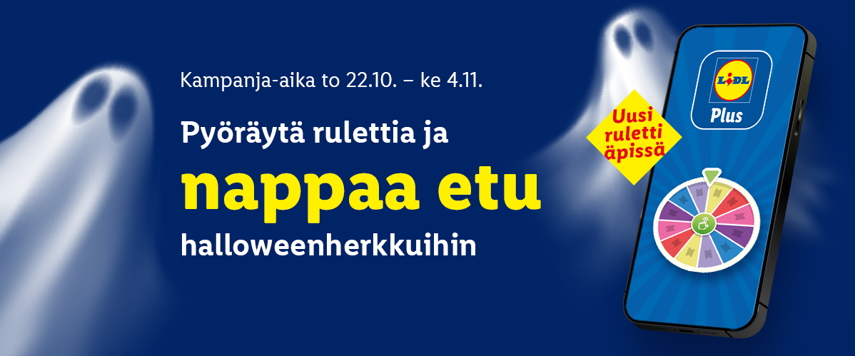 Halloween-teemainen mainos, jossa kehotetaan pyöräyttämään rulettia sovelluksessa etujen saamiseksi.