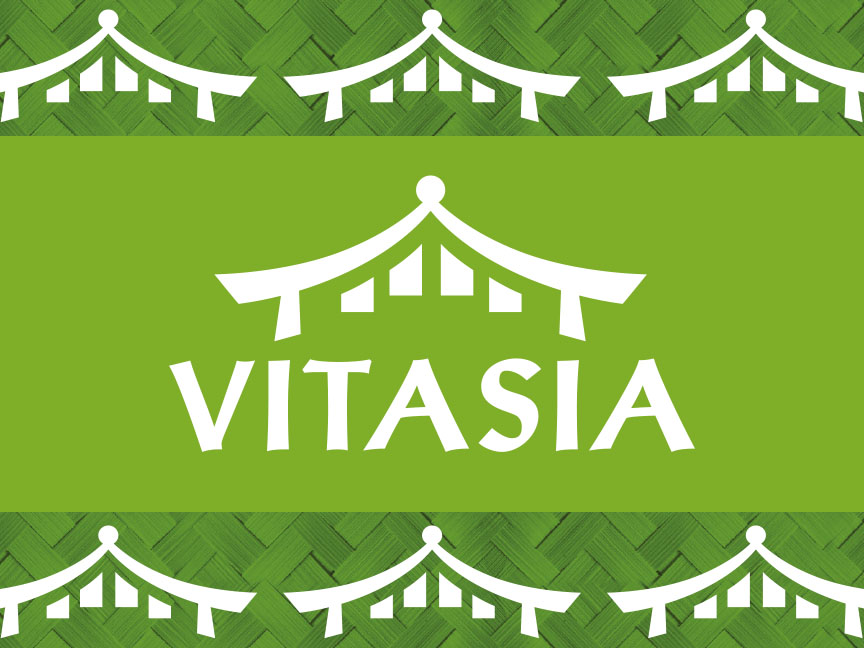 Vitasia-logon ja vihreän bambukuvion yhdistelmä.