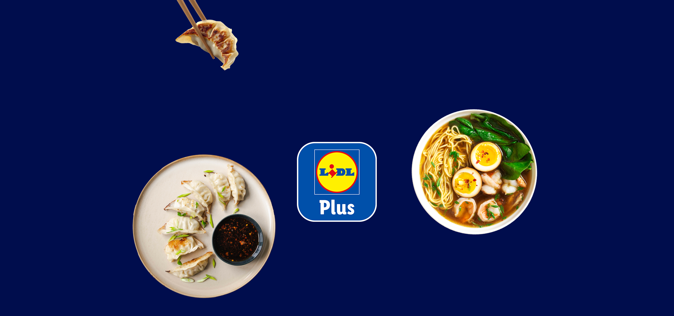 Japanilaistyylisiä ruokia, kuten ramen-nuudeleita ja gyoza-nyyttejä, sekä Lidl Plus -logo.