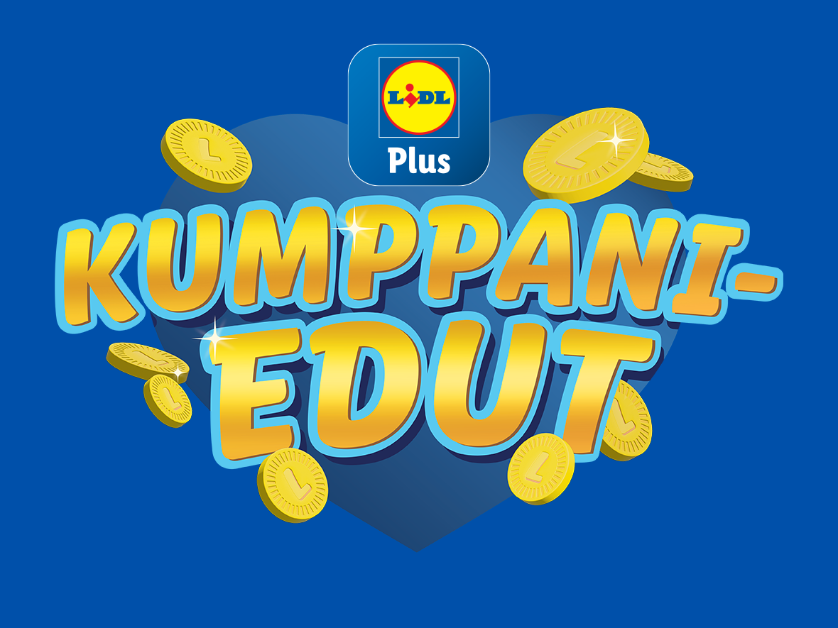 Lidl Plus Kumpani-edut mainos, jossa on kultaisia kolikoita.