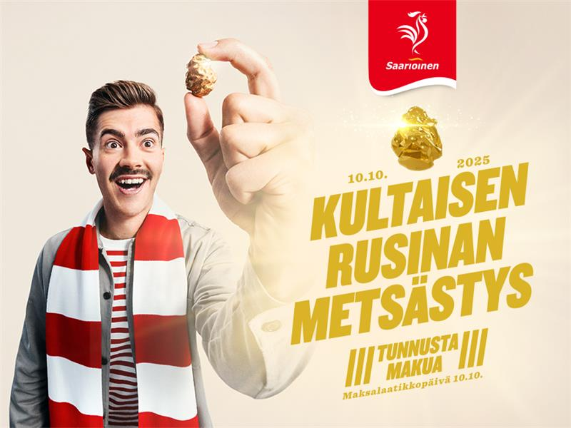 Mies pitelee kultaista rusinaa, mainos Saarioinen-brändille.