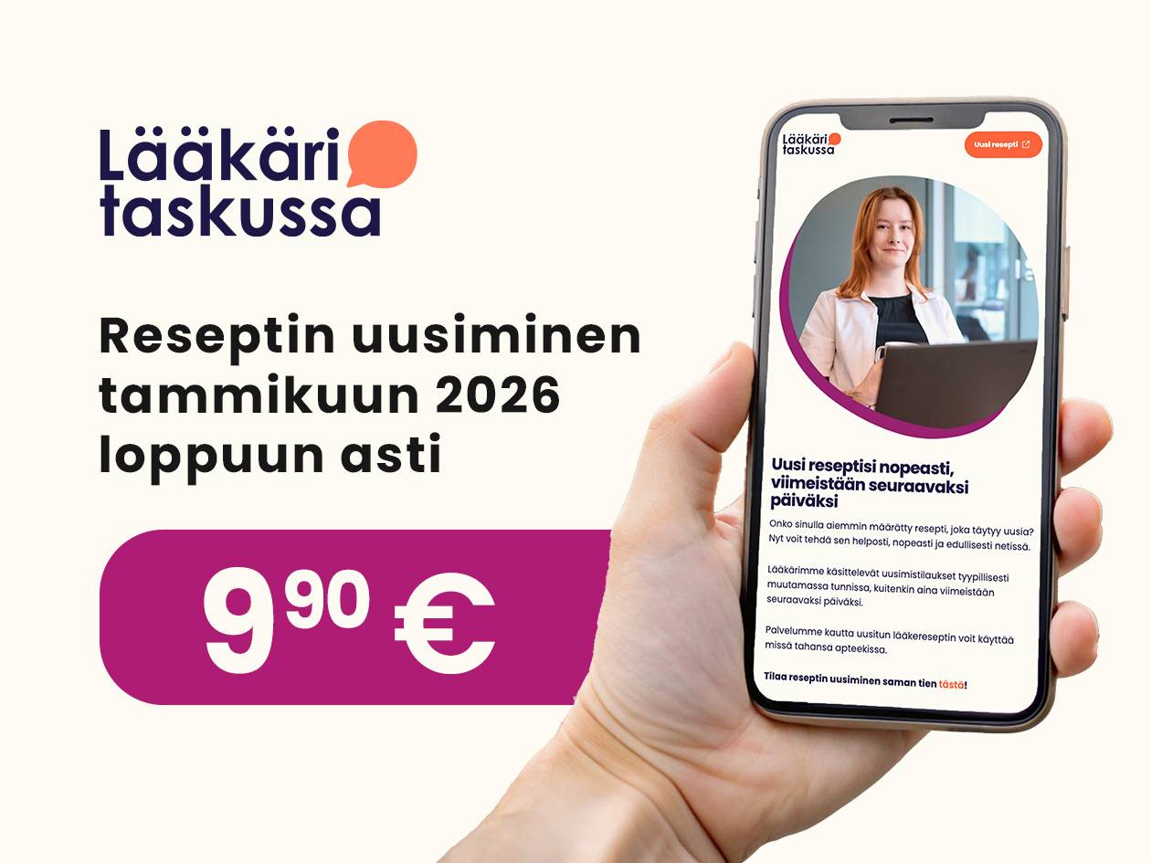 Mainos Lääkäri taskussa -palvelusta, joka tarjoaa reseptin uusimisen 9,90 eurolla tammikuun 2026 loppuun asti.
