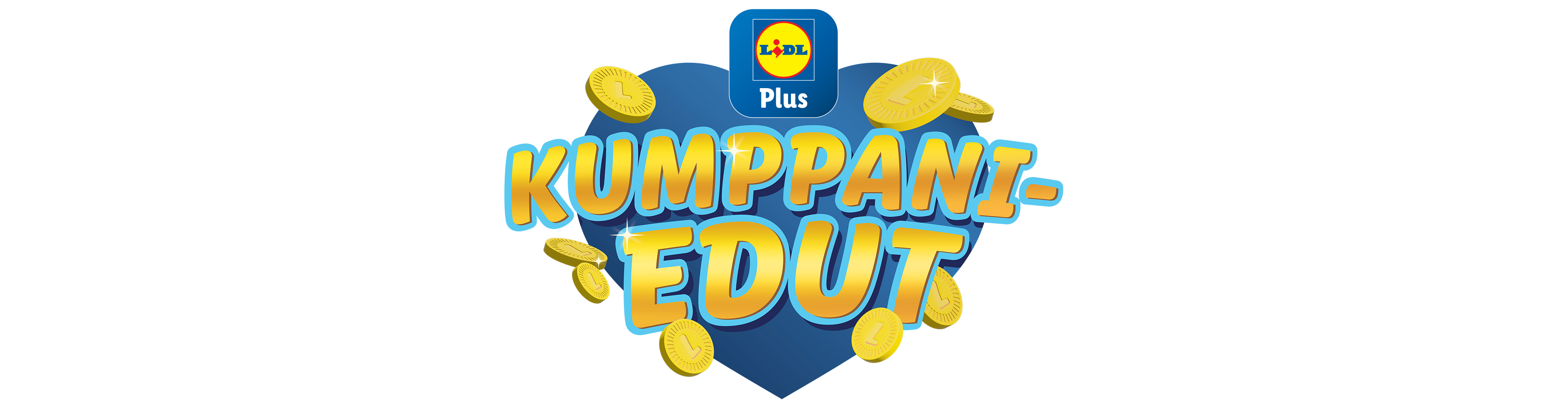 Lidl Plus Kumppani-edut mainoskuva, jossa on kolikkoja ja sinisiä ja keltaisia värejä.