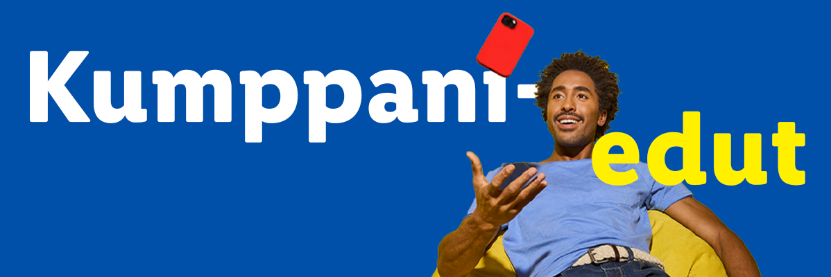 Mies heittää puhelinta ilmaan, teksti 'Kumppani-edut'.
