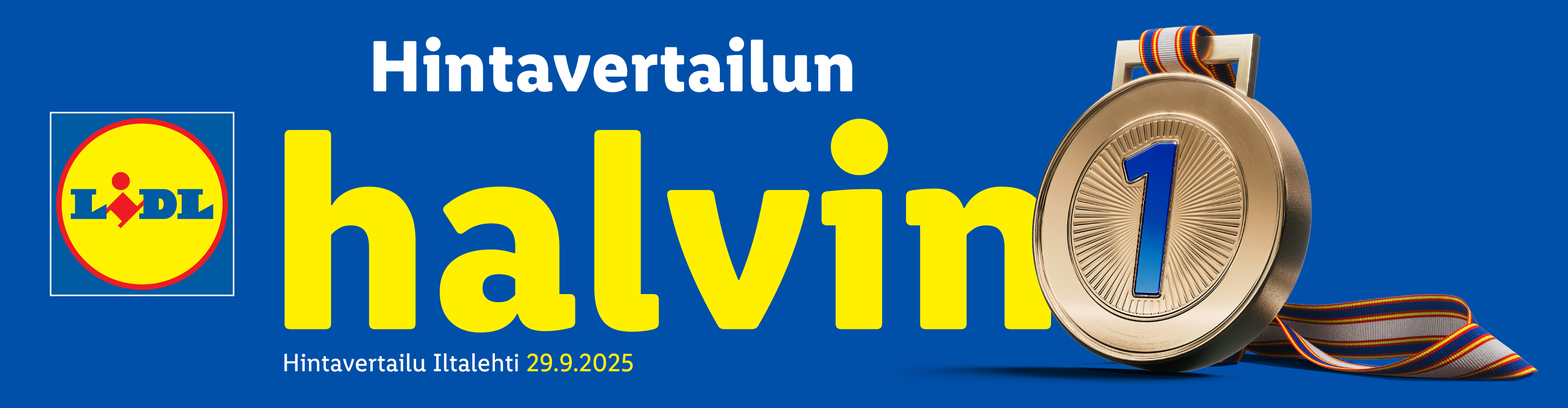 Lidl-logo ja teksti 'Hintavertailun halvin' kultaisen ykkösmitalin kera.