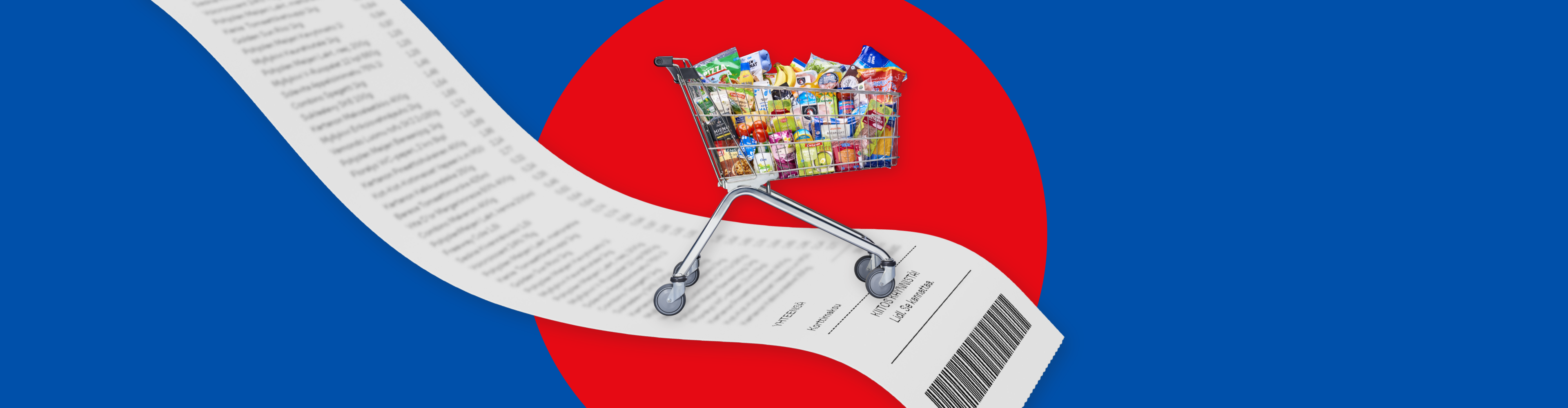 Ostoskärryt täynnä elintarvikkeita ja pitkä ostoskuitti sinisellä ja punaisella taustalla.