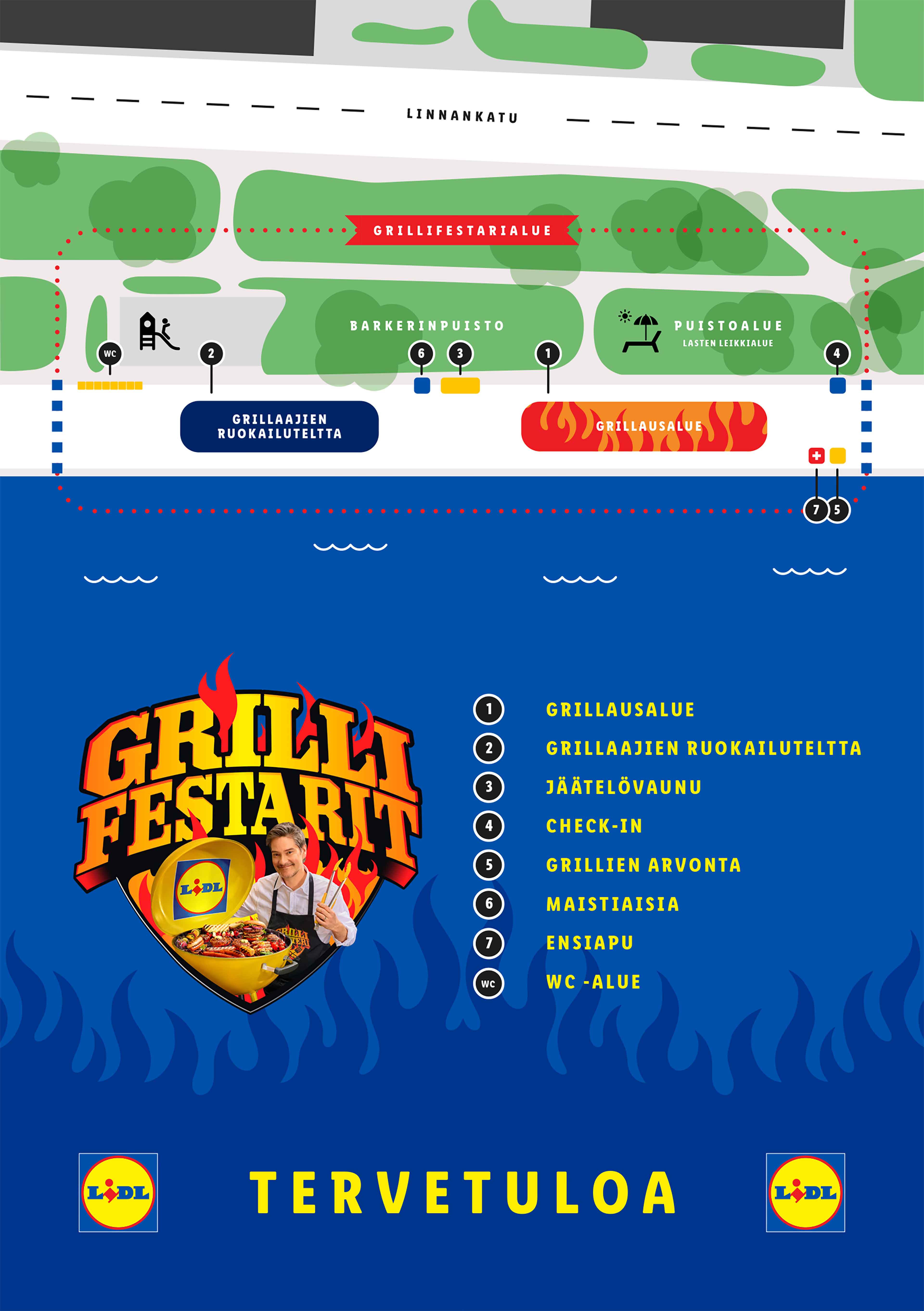 Grillifestivaalikartta, jossa on grillialueita, ruokailutelttoja, jäätelökioski, sisäänkirjautuminen, arvonta, maistiaisia, ensiapu ja WC-alue.
