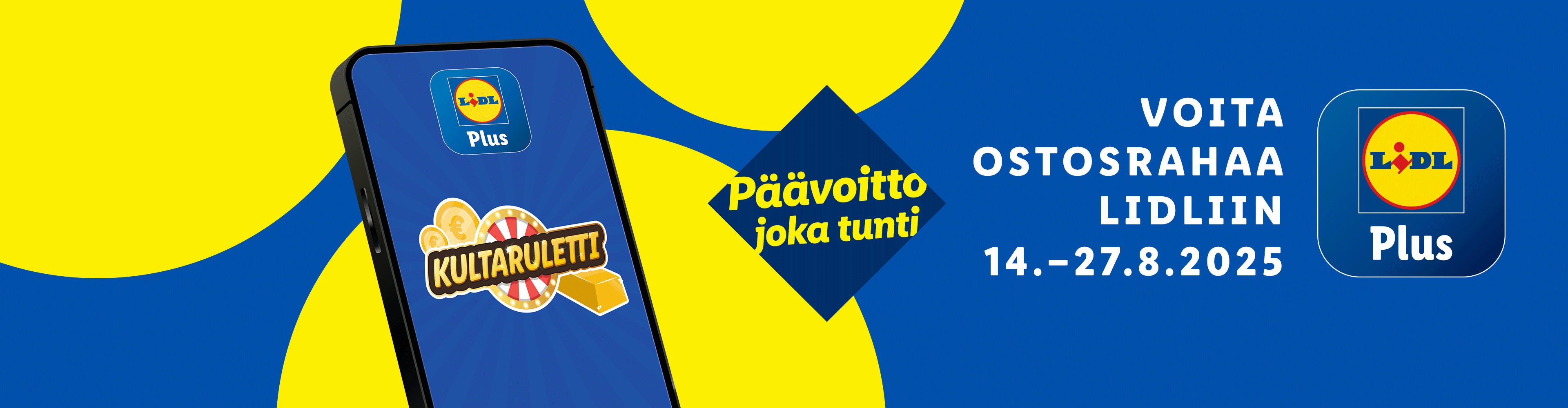 Lidl Plus -sovelluksen Kulta-arvonta: Voita ostosrahaa joka tunti 14.-27.8.2025.