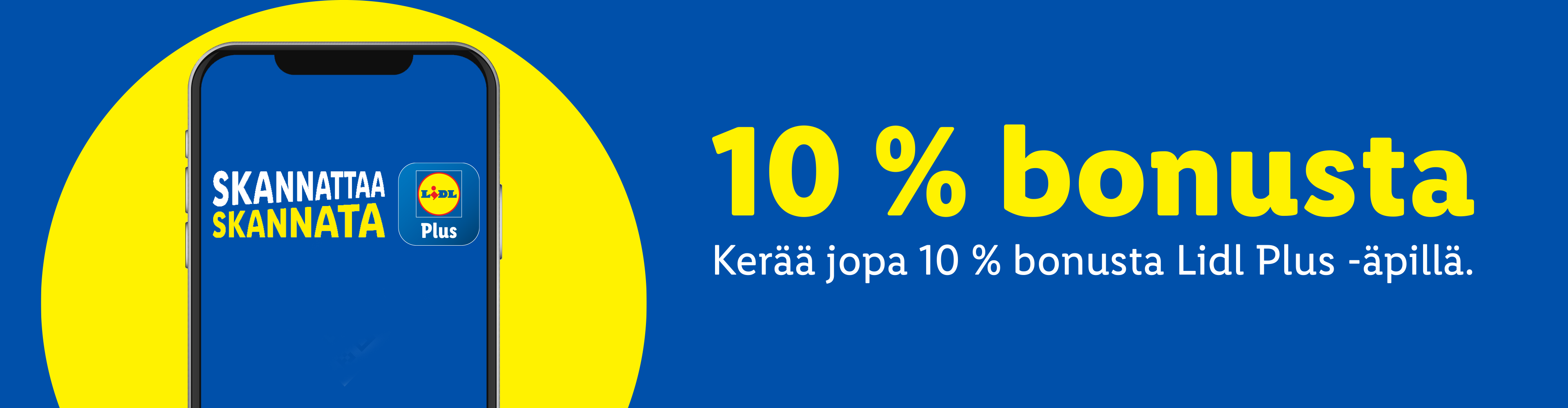 Lidl Plus -sovellus tarjoaa 10 % bonusta skannaamalla ostoksia.