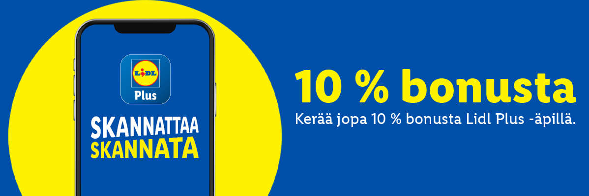 Lidl Plus -sovellus tarjoaa 10 % bonusta skannauksesta.
