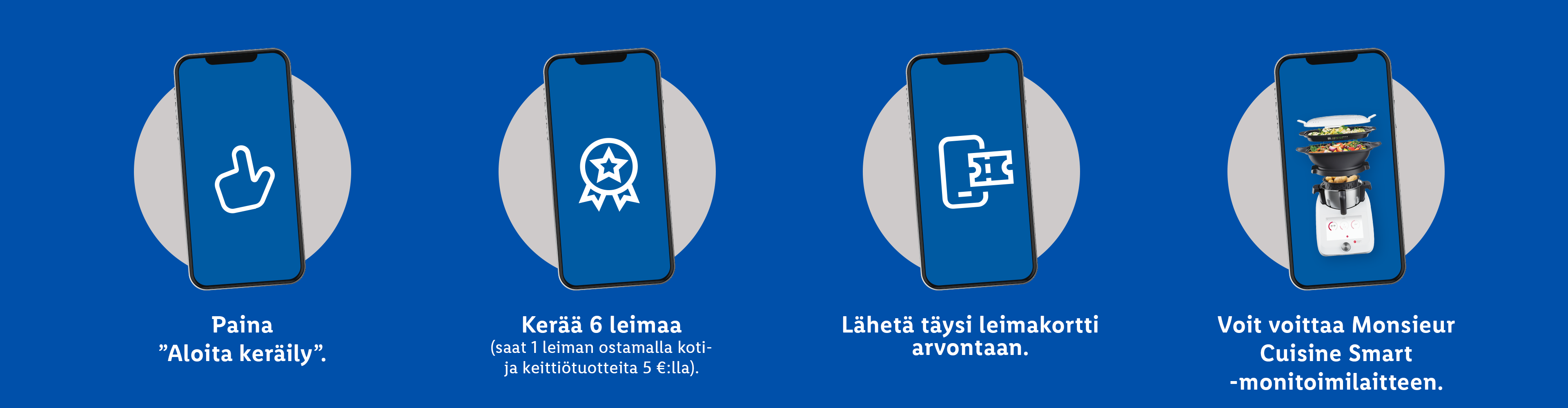 Puhelimen näytöllä näkyy sormi, tähti, lippu ja monitoimikeittiölaite, joka kuvaa keräilykampanjaa.