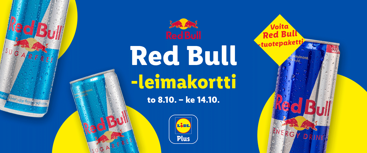 Energiajuomien leimakorttikampanja sovelluksessa, voita tuotepaketti.