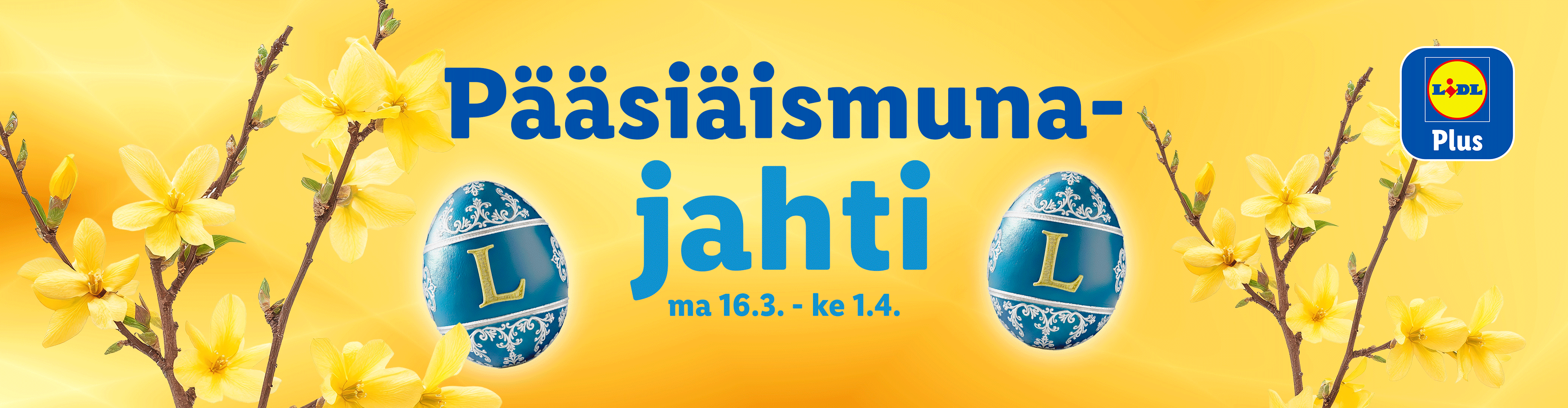 Pääsiäismunajahti-banneri keltaisella taustalla, jossa kukkivia oksia ja sinisiä munia.