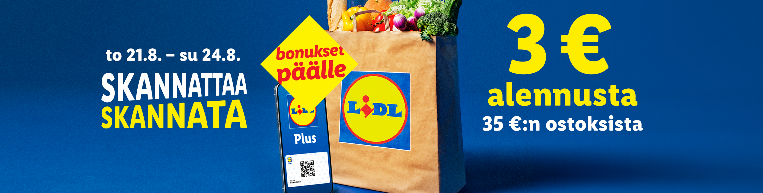 Lidl-ostoskassi täynnä ruokaa ja puhelin, jossa on Lidl Plus -sovellus, tarjoaa 3 euron alennuksen.