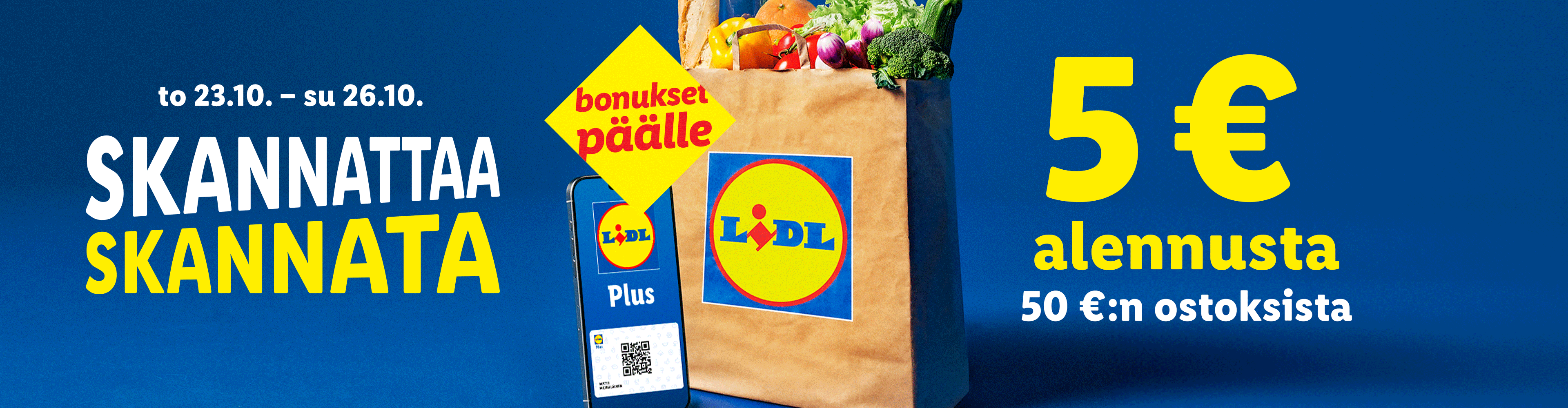Lidl-mainos: 5 euron alennus 50 euron ostoksista 23.10.–26.10., bonukset Lidl Plus -sovelluksella.