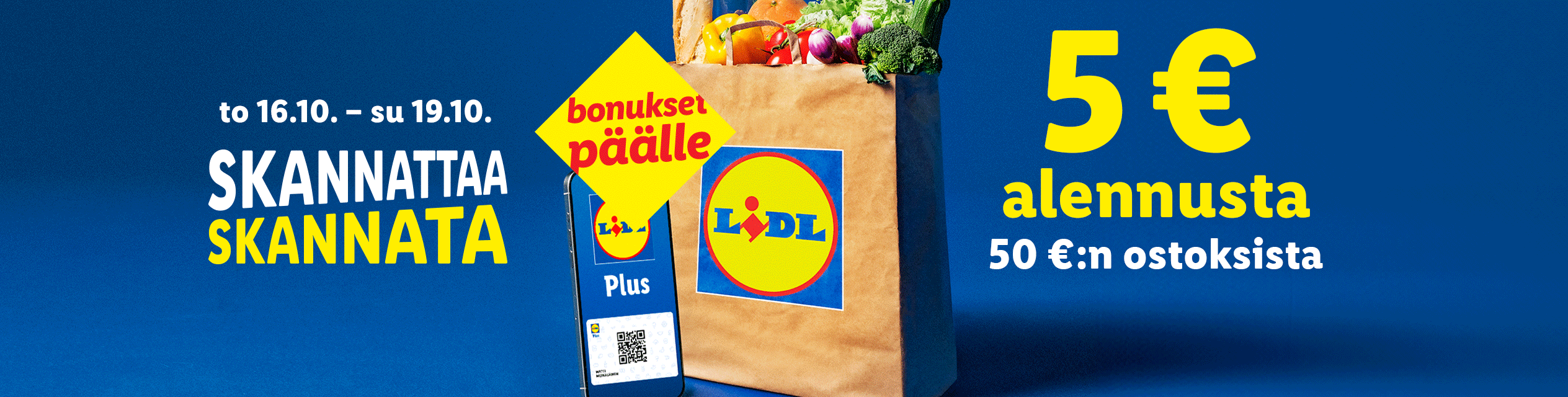 Lidl Plus -sovellus ja ruokakassi, jossa on 5 euron alennus yli 50 euron ostoksista 16.–19.10.