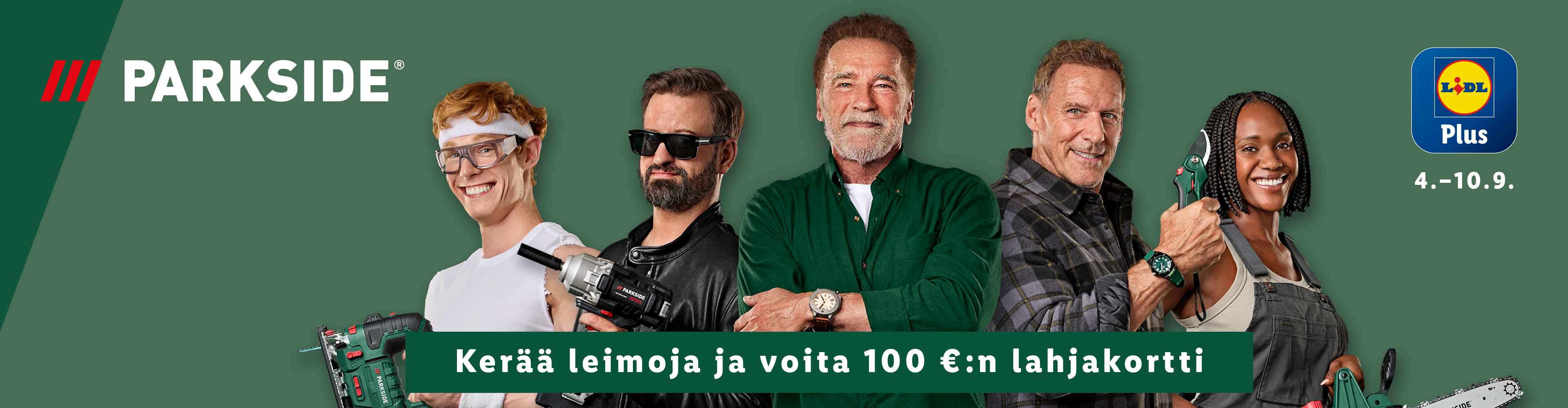 Parkside-työkaluja mainostava kuva, jossa on Arnold Schwarzenegger ja muita ihmisiä.