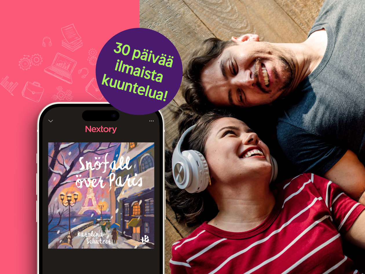Nuori pari kuuntelee kuulokkeilla, puhelimen näytöllä kirjan kansi ja teksti: '30 päivää ilmaista kuuntelua!'