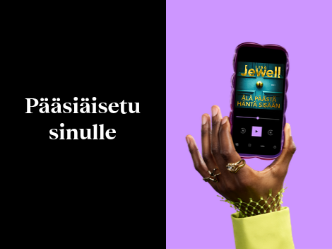 Käsi pitää puhelinta, jossa on äänikirjasovellus. Teksti: Pääsiäiset sinulle.