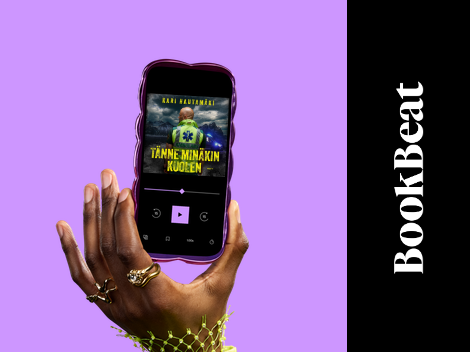 Käsi pitää puhelinta, jossa on äänikirjan kansi ja soittimen säätimet. Taustalla violetti ja musta.