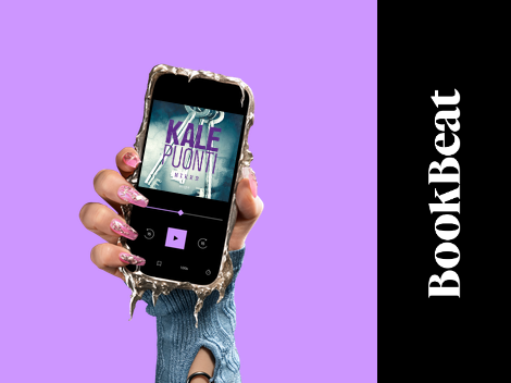 Käsi pitää puhelinta, jossa on musiikkisoitinsovellus ja teksti 'KALE PUONTI', mustalla ja violetilla taustalla.