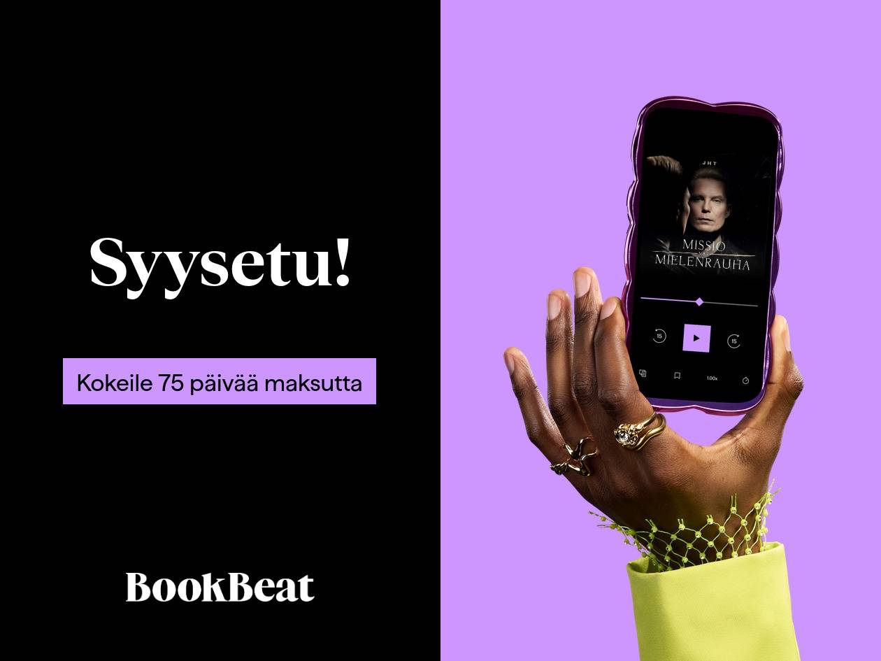 Käsi pitelee puhelinta, jossa on äänikirjasovellus, ja teksti mainostaa BookBeatia.