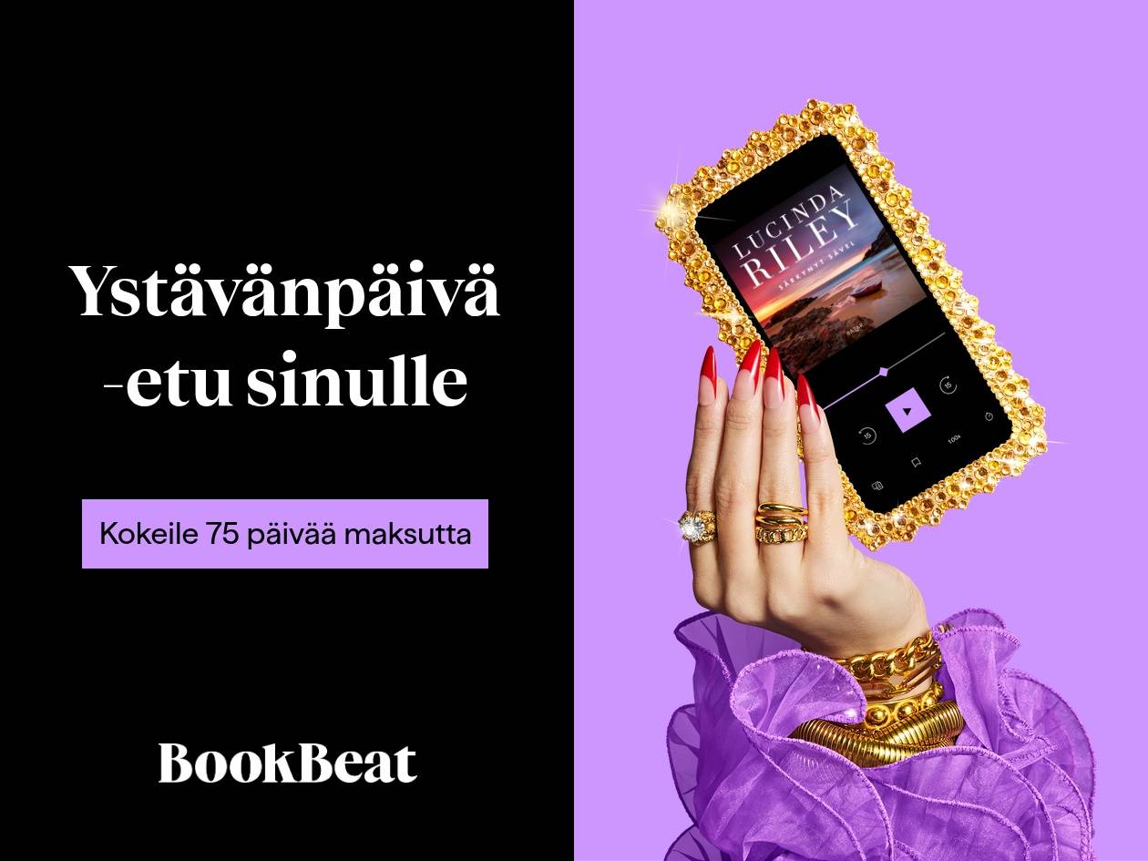 Käsi pitää kultaisella kehyksellä varustettua puhelinta, jossa on äänikirjasovellus. Teksti: Ystävänpäiväetu sinulle. Kokeile 75 päivää maksutta.