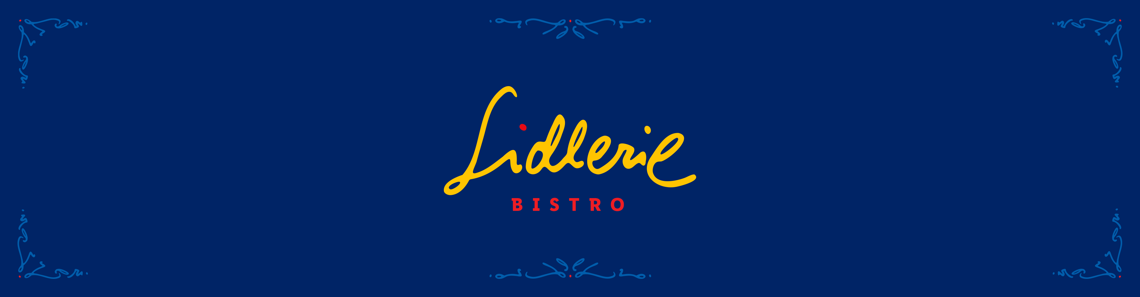 Lidlerie Bistro -logo sinisellä taustalla, jossa on koristeelliset reunukset.