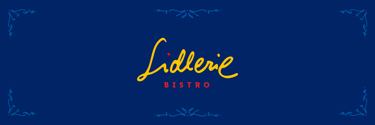 Lidlerie Bistro -logo sinisellä taustalla, jossa on koristeelliset reunukset.