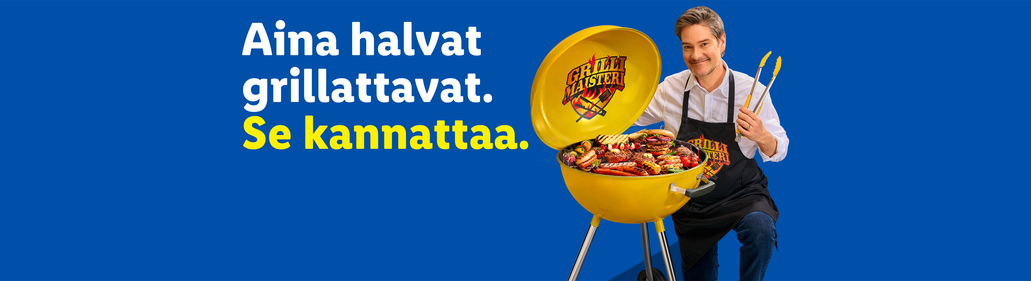 Henri Alén grillaa makkaroita, pihvejä ja hampurilaisia. Teksti: Aina halvat grillattavat. Se kannattaa.