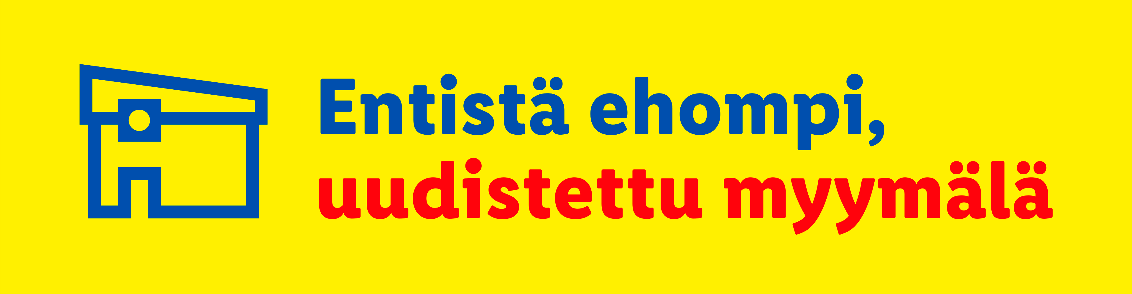 Lidlin logo ja teksti: 'Entistä ehompi, uudistettu myymälä' keltaisella taustalla.