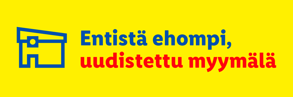 Lidlin logo ja teksti: 'Entistä ehompi, uudistettu myymälä' keltaisella taustalla.