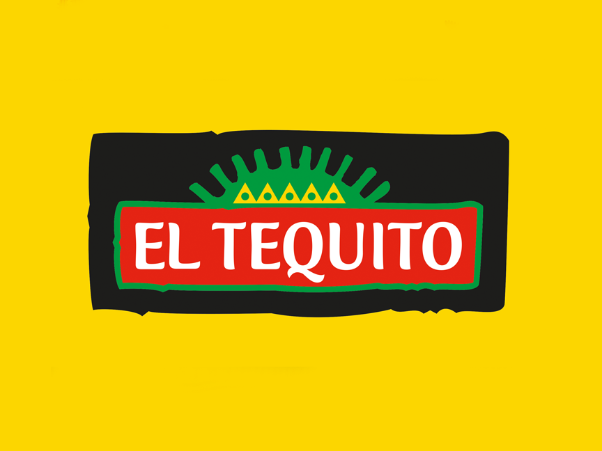 Musta suorakulmainen logo, jossa on punainen laatikko ja valkoinen teksti 'EL TEQUITO' keltaisella taustalla.