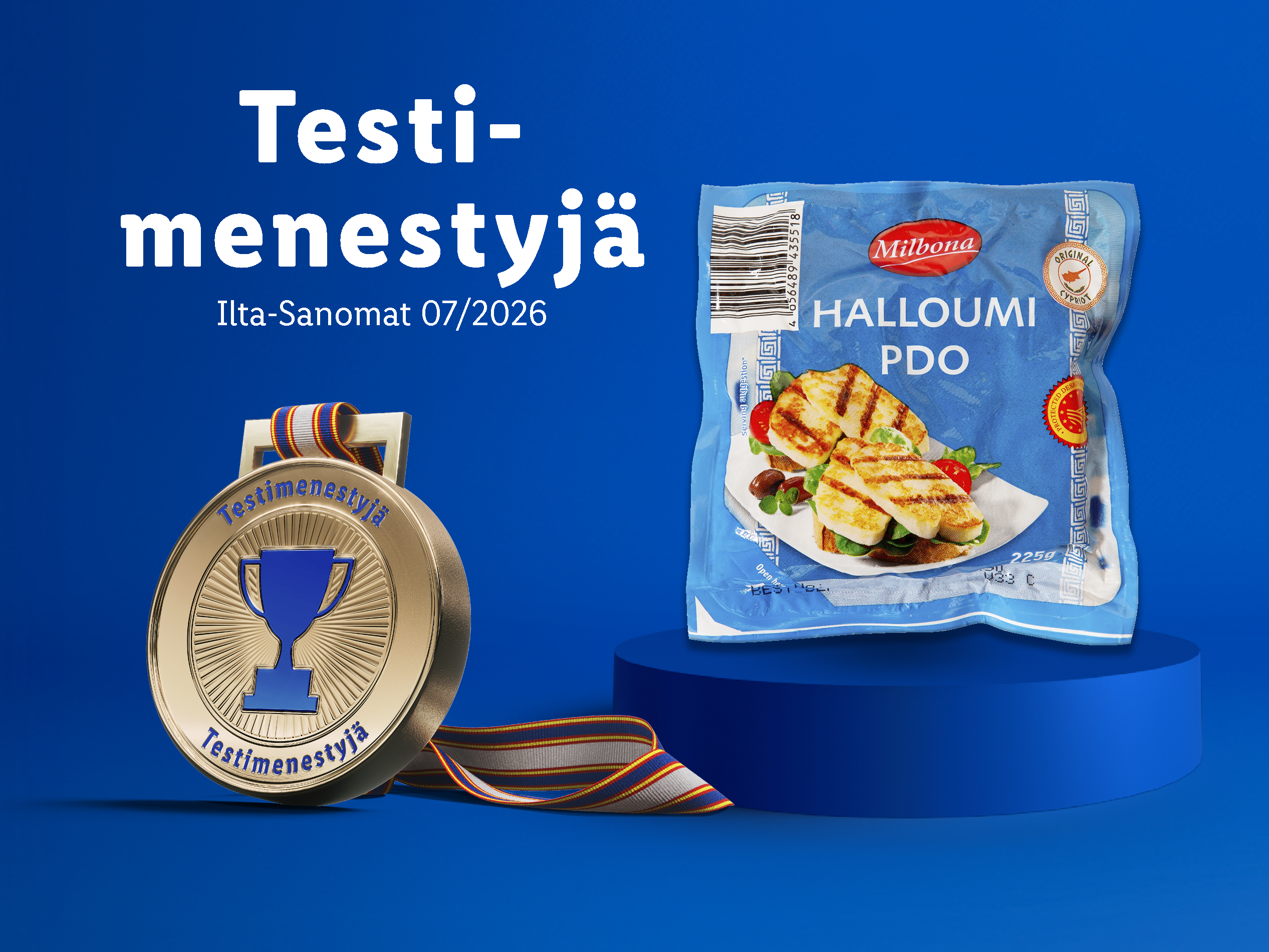 Halloumipakkaus ja kultainen mitali, jossa lukee 'Testimenestyjä'.