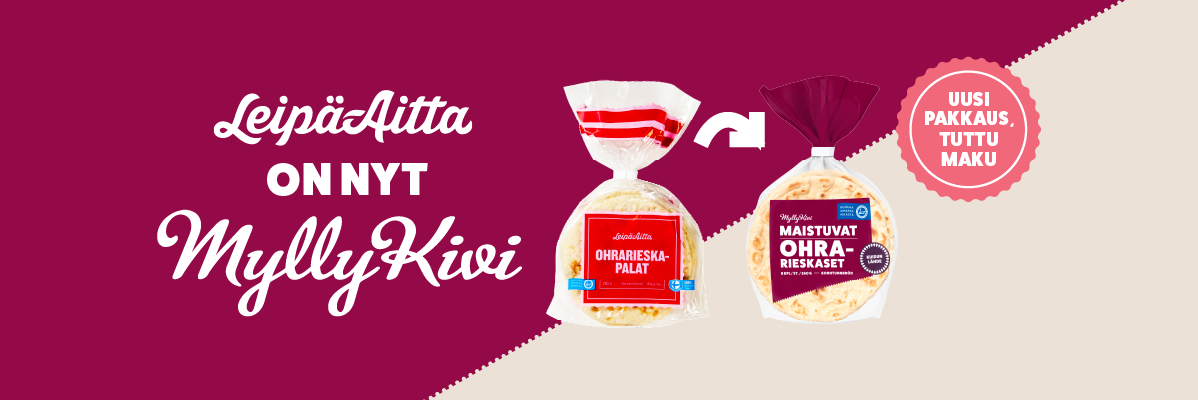 Leipäaitta ja Myllykivi ohrareiskat uusissa pakkauksissa.