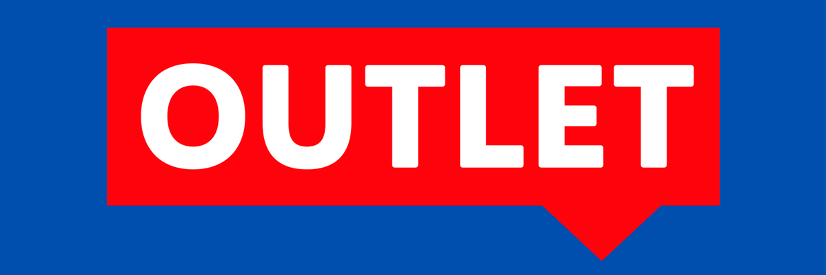 Outlet-myymälän mainos: punainen teksti sinisellä pohjalla.