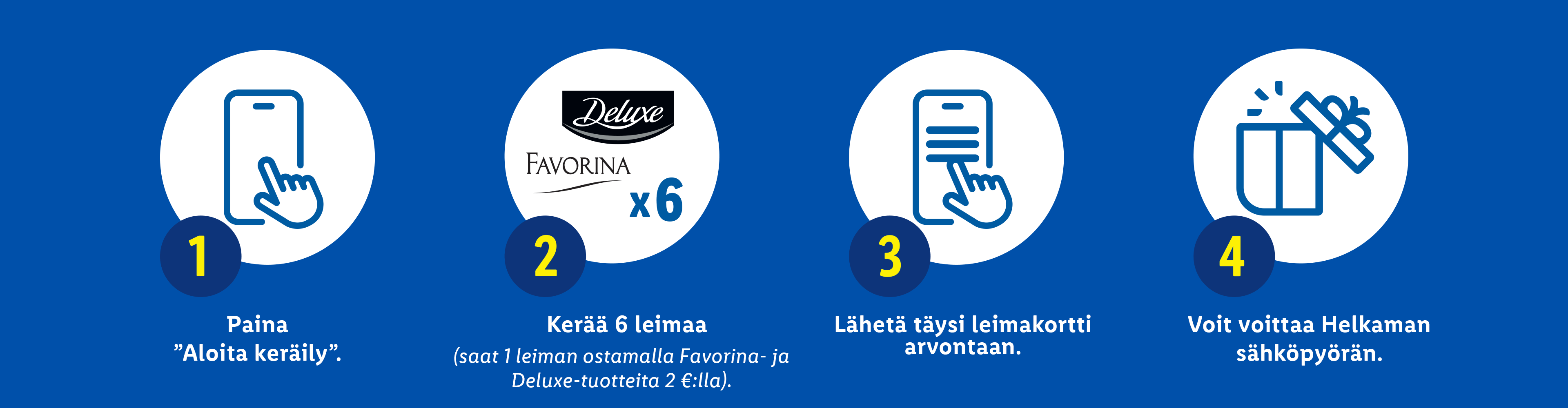 Nelivaiheinen ohje, jossa kerätään kuusi leimaa suklaatuotteista ja osallistutaan arvontaan.