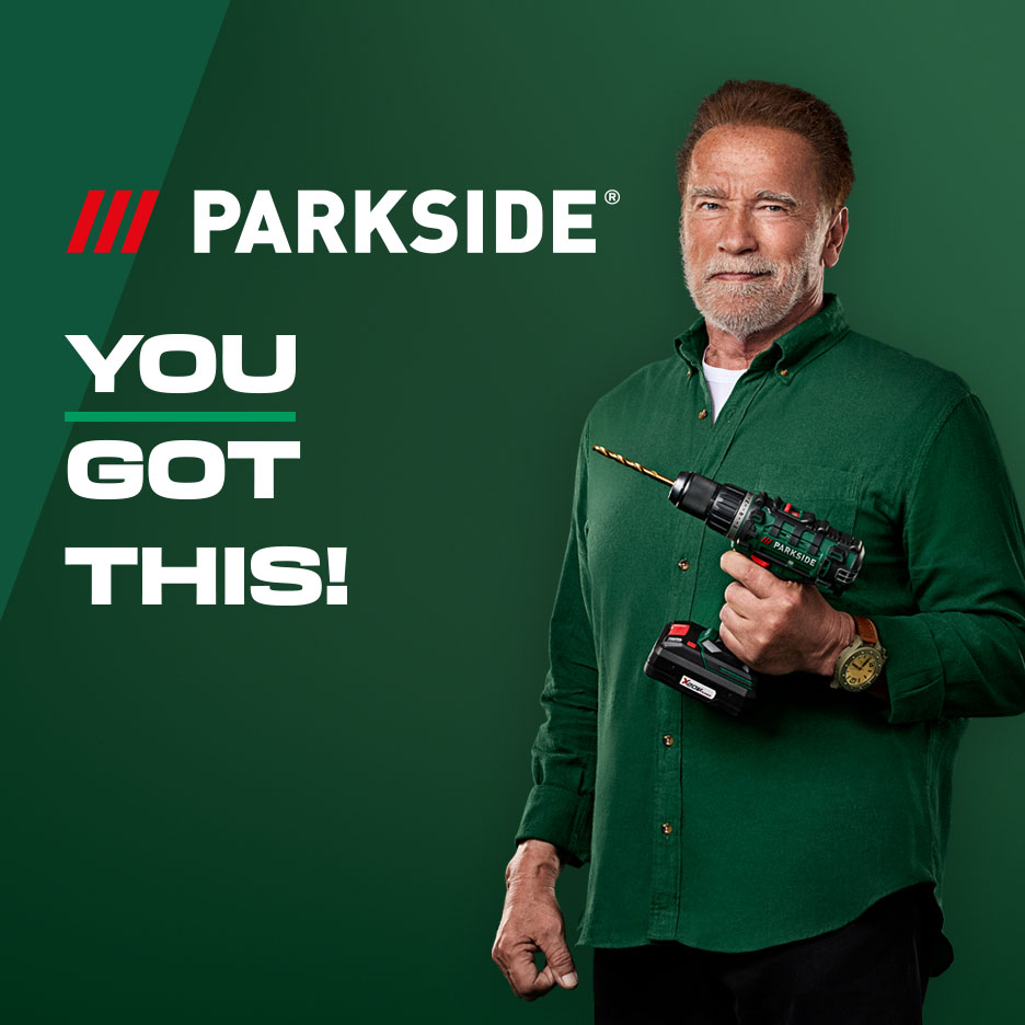 Arnold Schwarzenegger pitelee akkuporakonetta, teksti: YOU GOT THIS!