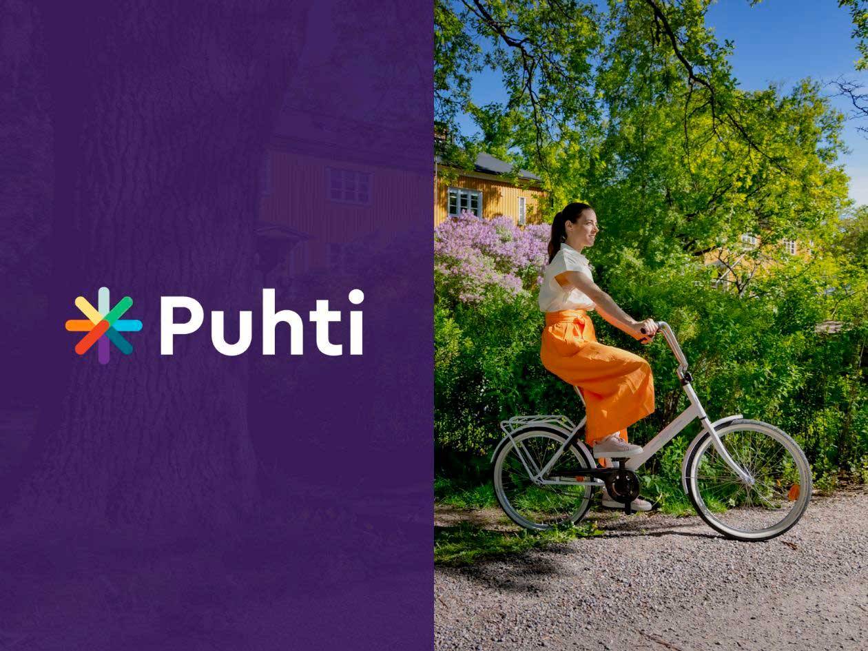 Nainen pyöräilee aurinkoisella polulla, taustalla puita ja talo. Vasemmalla violetti tausta ja teksti.